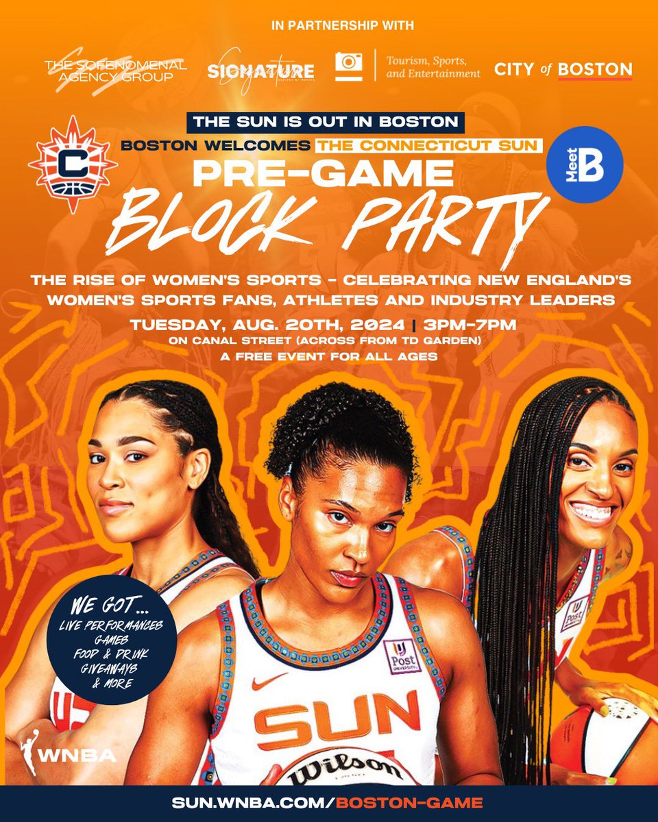 VisitBostonCity's tweet photo. To celebrate TD Garden’s first WNBA game, featuring the Connecticut Sun vs. the Los Angeles Sparks, there will be a pre-game block party on tomorrow, August 20th from 3-7 p.m. on Canal Street, across from TD Garden.

Bring your friends and family! We hope to see you there! #WNBA https://t.co/IJc2483PN0