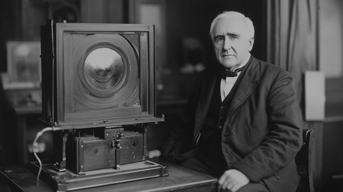 Hystorium1's tweet photo. Today on August 31, 1897: Thomas Edison received a patent for his motion picture camera, known as the Kinetoscope. This invention was a significant milestone in the development of cinema, laying the foundation for the film industry as we know it today. #history #technology #film https://t.co/DI4674qztz