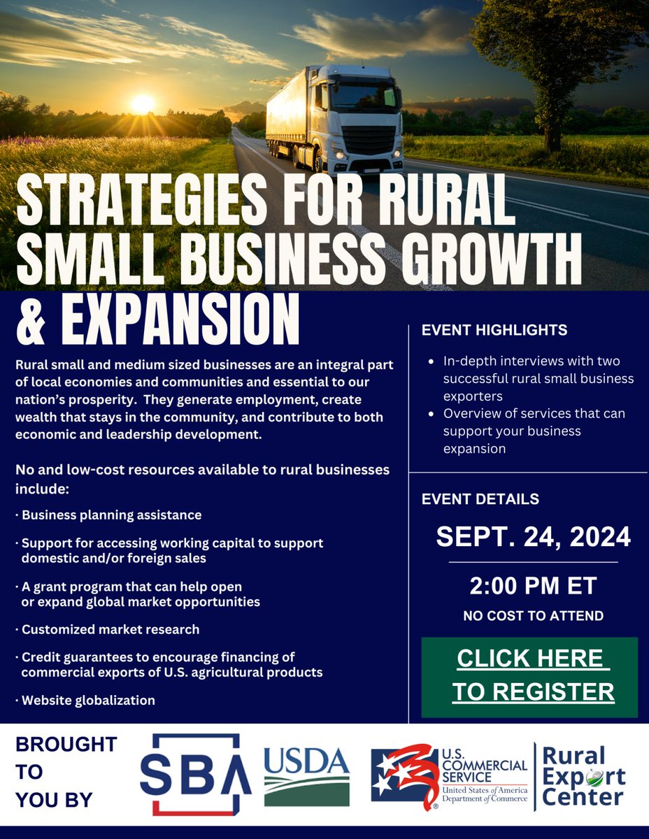 virginiasbdc's tweet image. 👨‍🌾 Calling rural business owners! 👩‍🌾 

🌏 Join the @SBAgov, @USDA , &amp;amp;  the U.S. Commercial Service Rural Export Center, to learn about federal resources that could help you sell your product in other countries: zoomgov.com/webinar/regist…

#exporting #rural