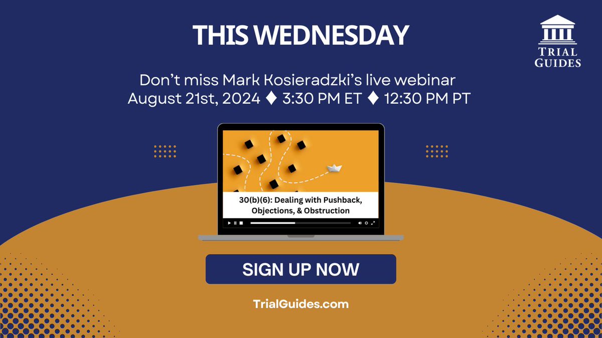 TrialGuides's tweet photo. There's still time to sign up for Mark Kosieradzki's live webinar this Wednesday at 12:20 PM PT. You can sign up to attend live, here: https://t.co/JuMDHSLcwe 

#TrialGuides #30(b)(6) #30b6 #Deposition #DepositionStrategy #DepositionTips #TrialTips #LegalEducation #LegalKnowledge https://t.co/l4DBIy0kll
