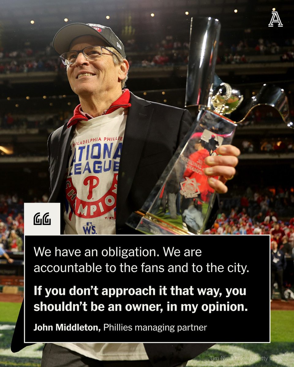 TheAthletic's tweet photo. The Phillies have long spent money to make money. That's managing partner John Middleton's philosophy.

"It may be a privately-held business that we own, but it’s not a private organization. It’s a very public organization. It’s a stewardship."

https://t.co/9AjDvOWGzw https://t.co/9oQhXJpiML