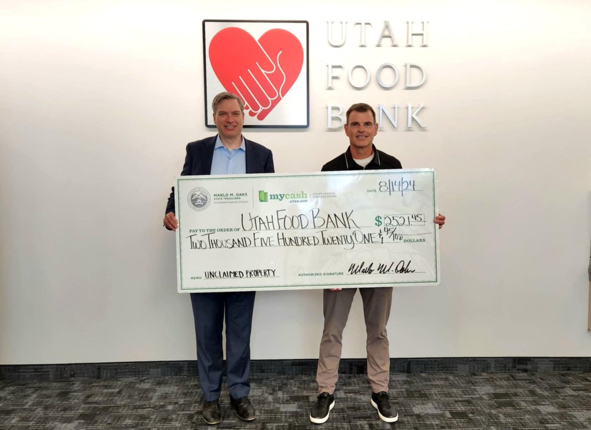 Celebrate Utah's amazing nonprofits this #NonprofitAwarenessDay by helping them find their unclaimed cash! <a href="/TreasurerOaks/">Treasurer Marlo Oaks</a> presented <a href="/utahfoodbank/">Utah Food Bank</a> with $2,521.45 in unclaimed property. For every $1 they receive, they provide $8.36 in goods/services—valuing this claim at $21,079!