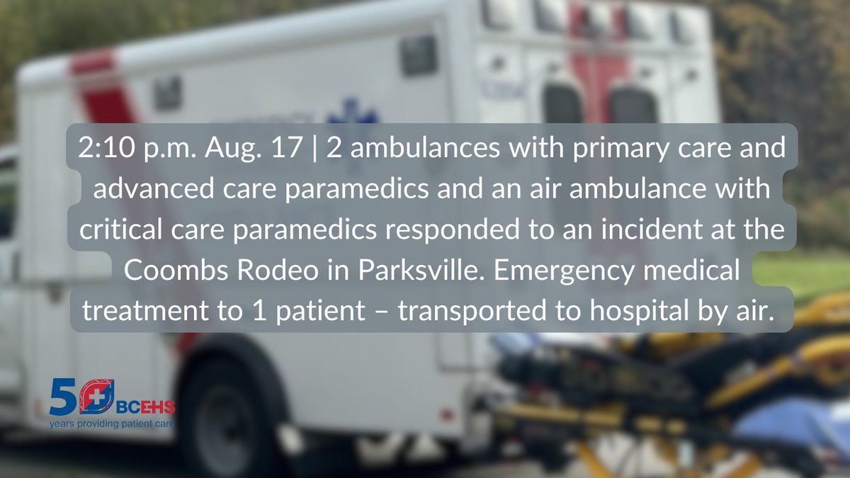 BC_EHS's tweet photo. 2:10 p.m. Aug. 17 | 2 #ambulances with primary care and advanced care #paramedics and an air ambulance with critical care paramedics responded to an incident at the Coombs Rodeo in Parksville. Emergency medical treatment to 1 patient – transported to hospital by air. https://t.co/Ykj6qM1HNu