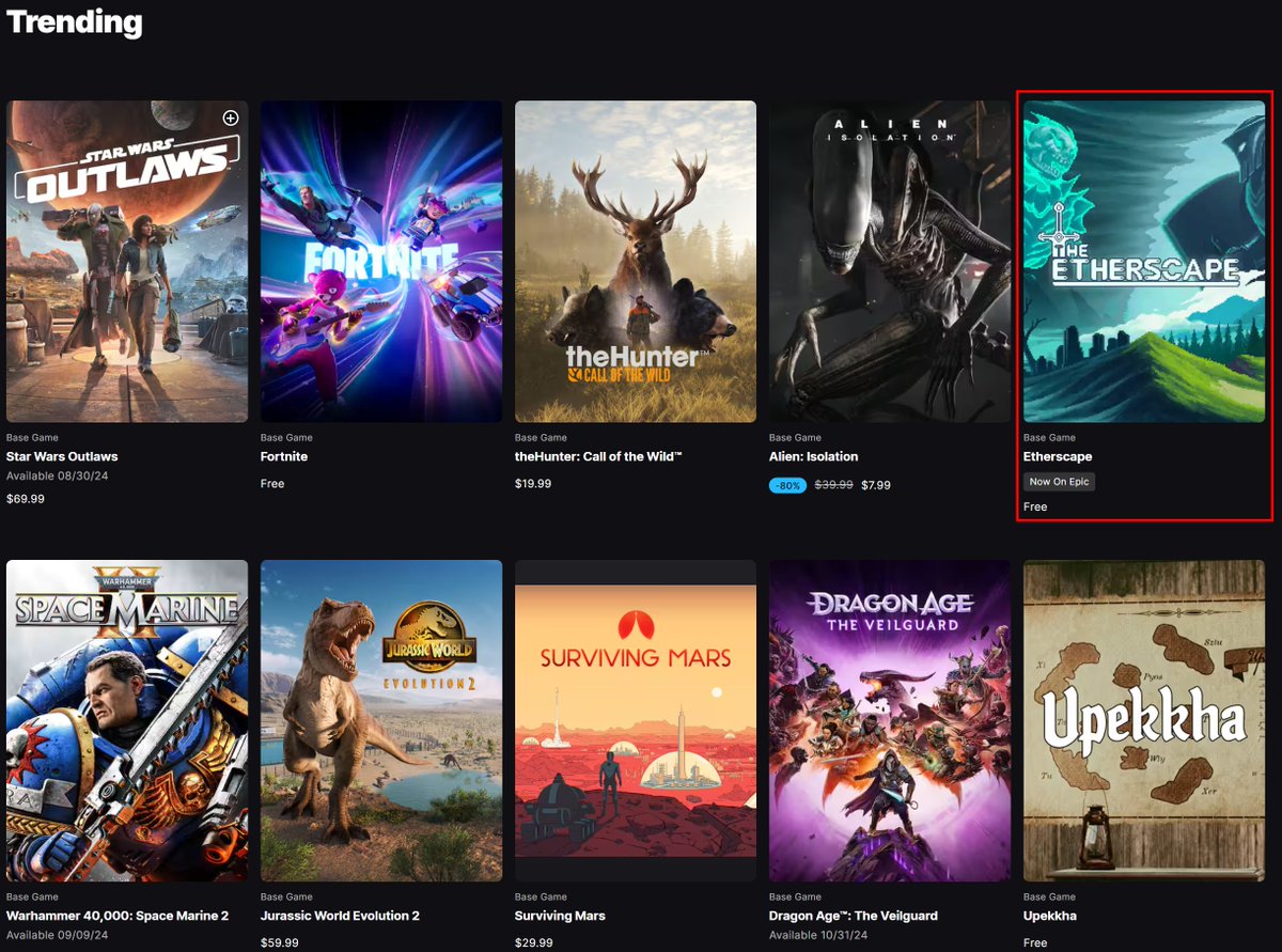 Etherscape_io's tweet image. 🎉 Etherscape is the #5 trending game on @EpicGames head of AAA titles like Space Marine 2 and Dragon Age: The Veilguard 🔥🔥🔥.
For Web3, it's #1 and built on @Enjin. Come check out why everyone is logging in to become Etherborn 👻!
Free Link: store.epicgames.com/en-US/p/the-et…