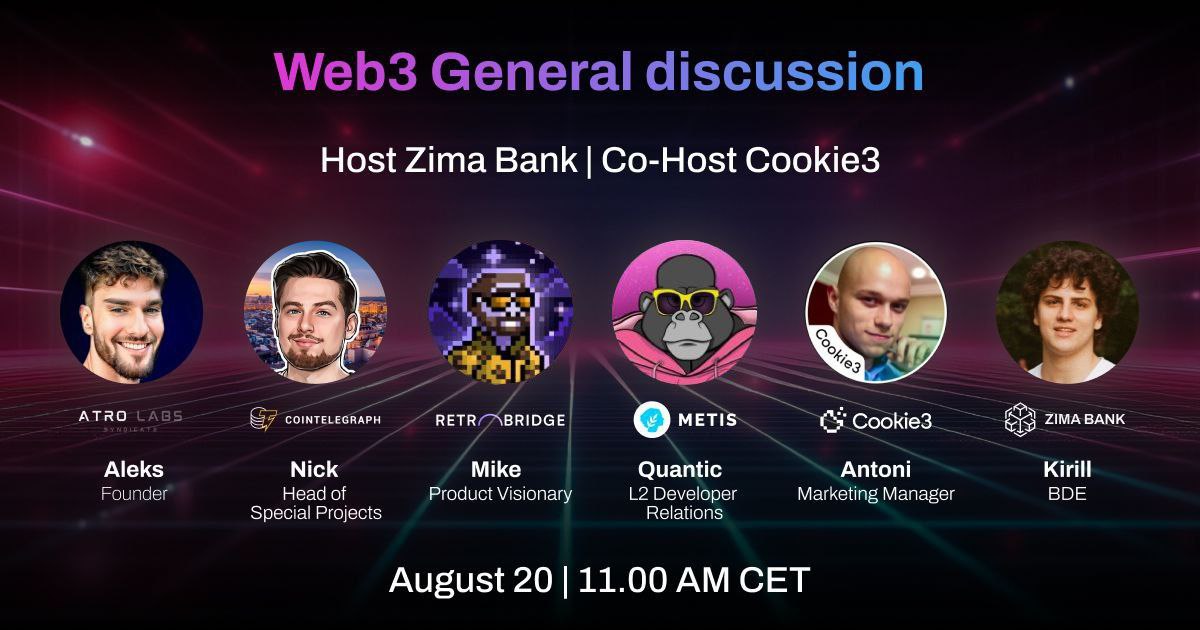 zimabank's tweet photo. 🎙 AMA ANNOUNCEMENT 🎙

Lock the date on your calendar! 
We're looking forward to seeing you. 

🗓 Date: August 20th, 2024
⏰Time: 11.00 AM CET.

Set reminder - https://t.co/Yik86LqQvX

🗣️ Expect Interesting Speakers from Top Web3 Leading Projects like Cookie3, Atro Labs, Retro Bridge, Cointelegraph, Quantic and more.

Host: @zimabank

Co-host: @cookie3

Speakers:

• Kirill, BDE | ZimaBank

• Aleks, Founder | Atro Labs Syndicate

• Mike, Product Visionary | @retro_bridge 

• Nick, Head of Special Projects | @Cointelegraph 

• Antoni, Marketing Manager | @cookie3 

• Quantic, Developer Relations | @MetisL2 

🎙Yes, We urge you to join our AMA as we talk about our project updates and discuss web3 event like what really went down at the beginning of August, highlighting awesome web3's recent wins, airdrop insights, and a sneak peek on our latest project scoops and what next! 

STAY TUNED!!!