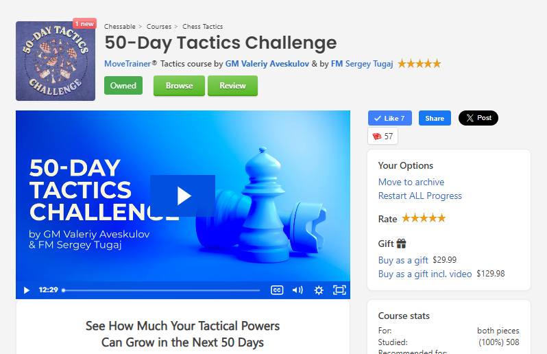 Sarterus's tweet photo. Hit #5 on the 50 Day Tatical Challenge,  Higly recomend the courtse for 1200 to 1800 @chessable @ https://t.co/rVIG7lHbbx https://t.co/pMosd0ZLpw