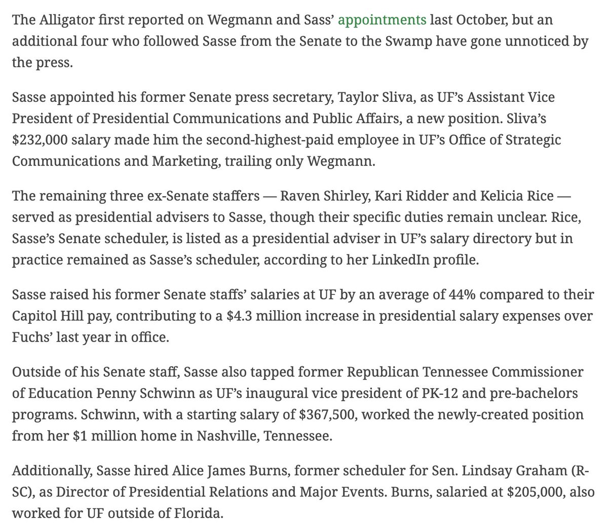 This is an absolutely bonkers story about how former Nebraska Sen. Ben Sasse has spent millions of dollars as U of Florida's new president hiring his former staffers for made-up, insanely high paid *remote* jobs at the university. alligator.org/article/2024/0…