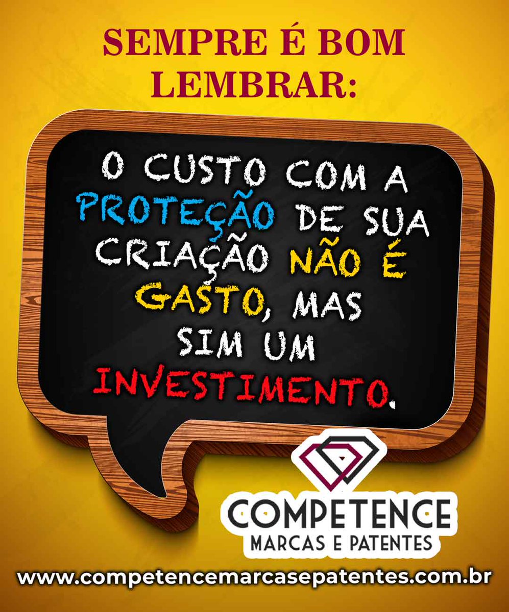 competencemp's tweet photo. LEMBRE-SE:
O custo com a proteção de sua criação não é gasto, mas sim um investimento.
#competencemarcas #competencemarcasepatentes #marcaepatente #marcaregistrada #marcas #patente #patentedeproduto #patentedeprodutos #patentes #propriedadeindustrial #propriedadeintelectual https://t.co/GmQ7rUC9U8