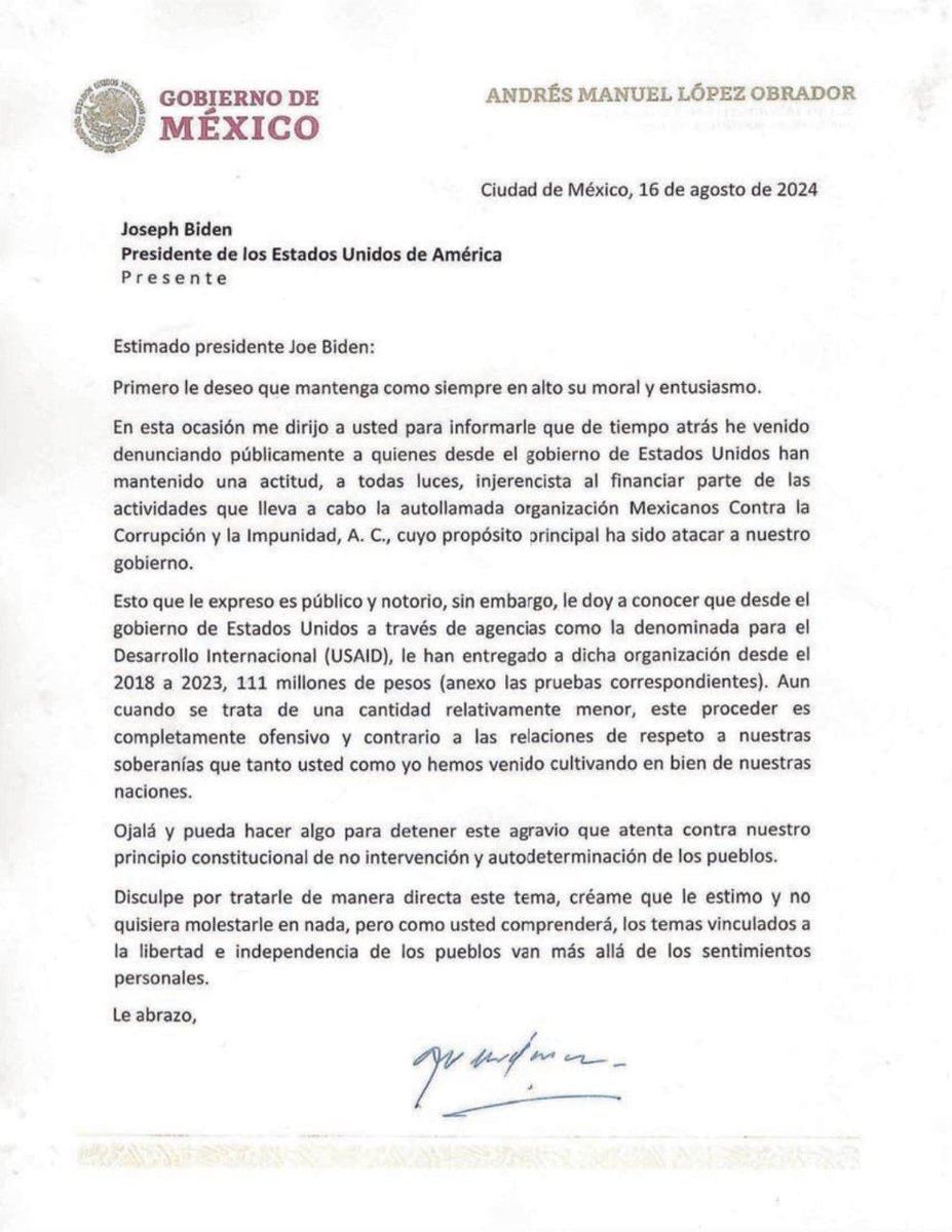 .<a href="/lopezobrador_/">Andrés Manuel</a> manda carta a Biden, pidiéndole que deje de financiar a la sociedad civil y lo dejen robar a gusto.

No ha podido desmentir ninguna investigación de <a href="/MXvsCORRUPCION/">Mexicanos Contra la Corrupción</a>, pero ve como ataques que exhiban las transas de su gobierno.

Patético