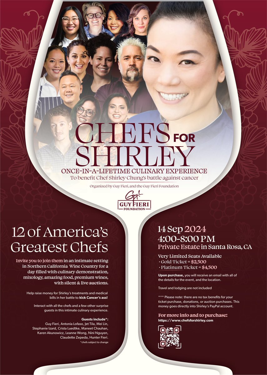 Mayor Guy Fieri (@guyfieri) on Twitter photo My dear friend and amazing chef <a href="/chfshirleychung/">Shirley Chung 张晴月</a> needs our help. She has closed her restaurant and is in the battle for her life.
Great chefs and friends will be coming together in wine country to create an evening that no one will ever forget.
Hope to see you there!! My dear friend and amazing chef <a href="/chfshirleychung/">Shirley Chung 张晴月</a> needs our help. She has closed her restaurant and is in the battle for her life.
Great chefs and friends will be coming together in wine country to create an evening that no one will ever forget.
Hope to see you there!!