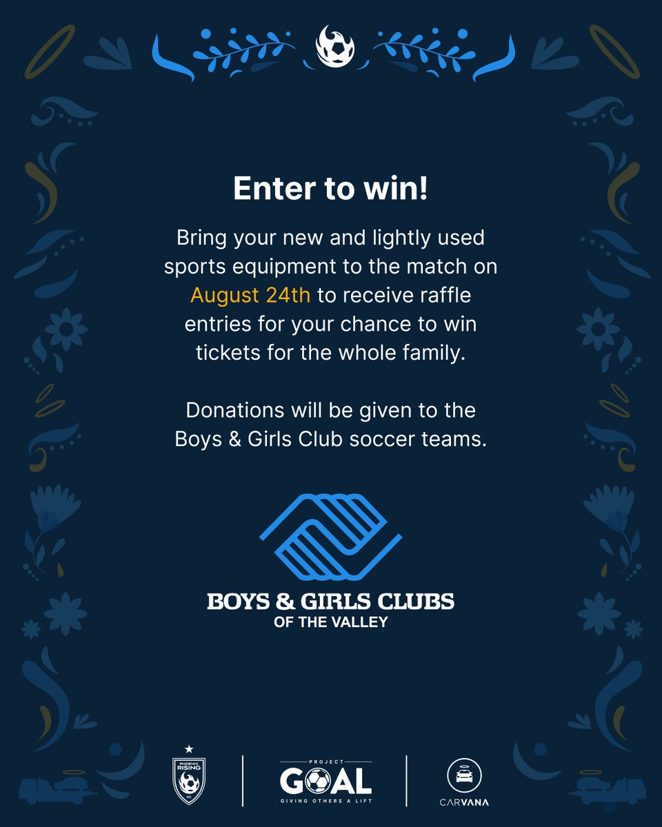 bgcarizona's tweet photo. For the entire month of August, our friends @carvana &amp; @phxrisingfc have been collecting sports gear for our soccer league!

Bring new sports equipment to the #phoenixrising match on August 24th and you'll be entered in a raffle for tickets to a game of your choice! #ProjectGOAL https://t.co/tRcqd0eSgc