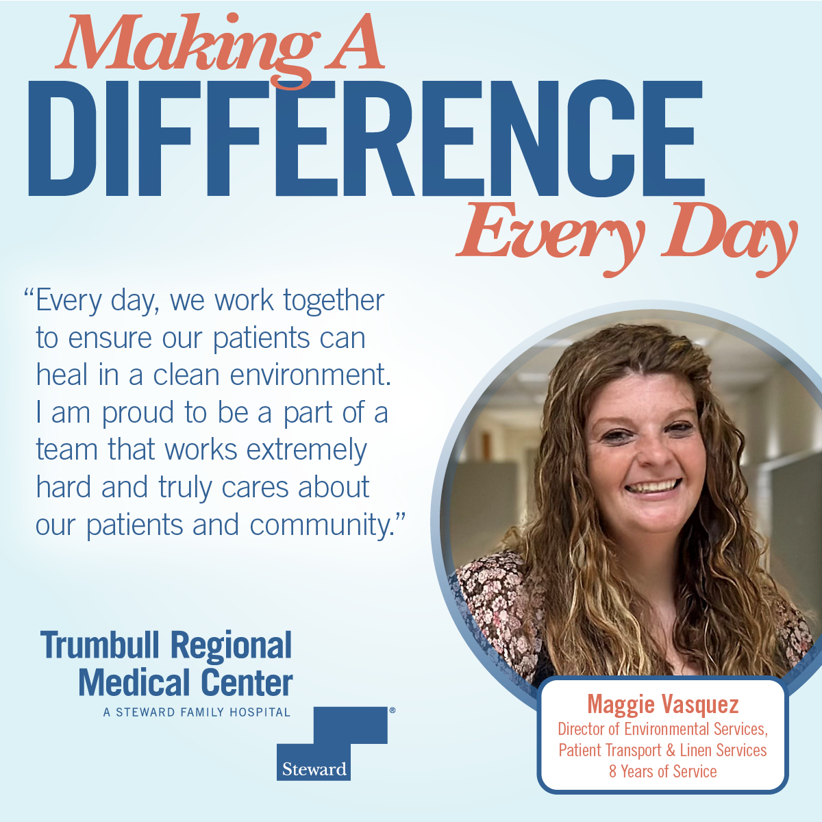 Our amazing team makes us who we are at Trumbull Regional Medical Center. Each member is making a difference every day. #TeamSpotlight #EnvironmentalServices #patienttransport

Learn more about our award-winning, individualized services here: trumbullregional.org.