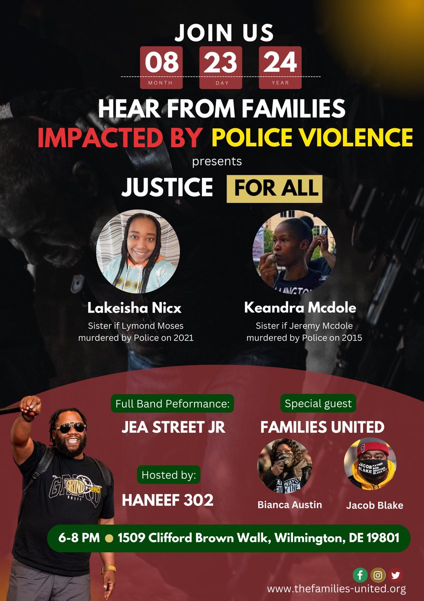 FamUnitedapb's tweet photo. Join Us for the "Justice For All" Event!  Aug 23, 2024 | 🕕 6-8 pm  Clifford Brown Walk, Wilmington Hear from families impacted by police brutality, including special guests Bianca Austin &amp; Jacob Blake. Free community event—everyone welcome! https://t.co/59CaFXbQfr #JusticeForAll https://t.co/n7q1ZLBeqv