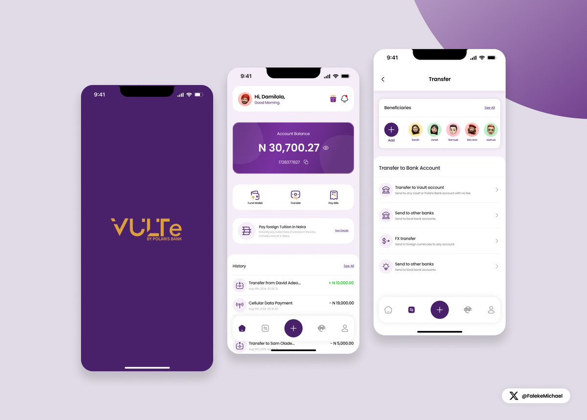 ayosznn's tweet photo. While helping someone with a transfer, I noticed how clunky the Vulte by @PolarisBankLtd app's interface was, so I took it upon myself to redesign it! Here's the fresh, user-friendly version I came up with. 
Check out the full screens I designed here: [https://t.co/e8K6yxv9iv] ✨ https://t.co/ITz9Fr9s5B