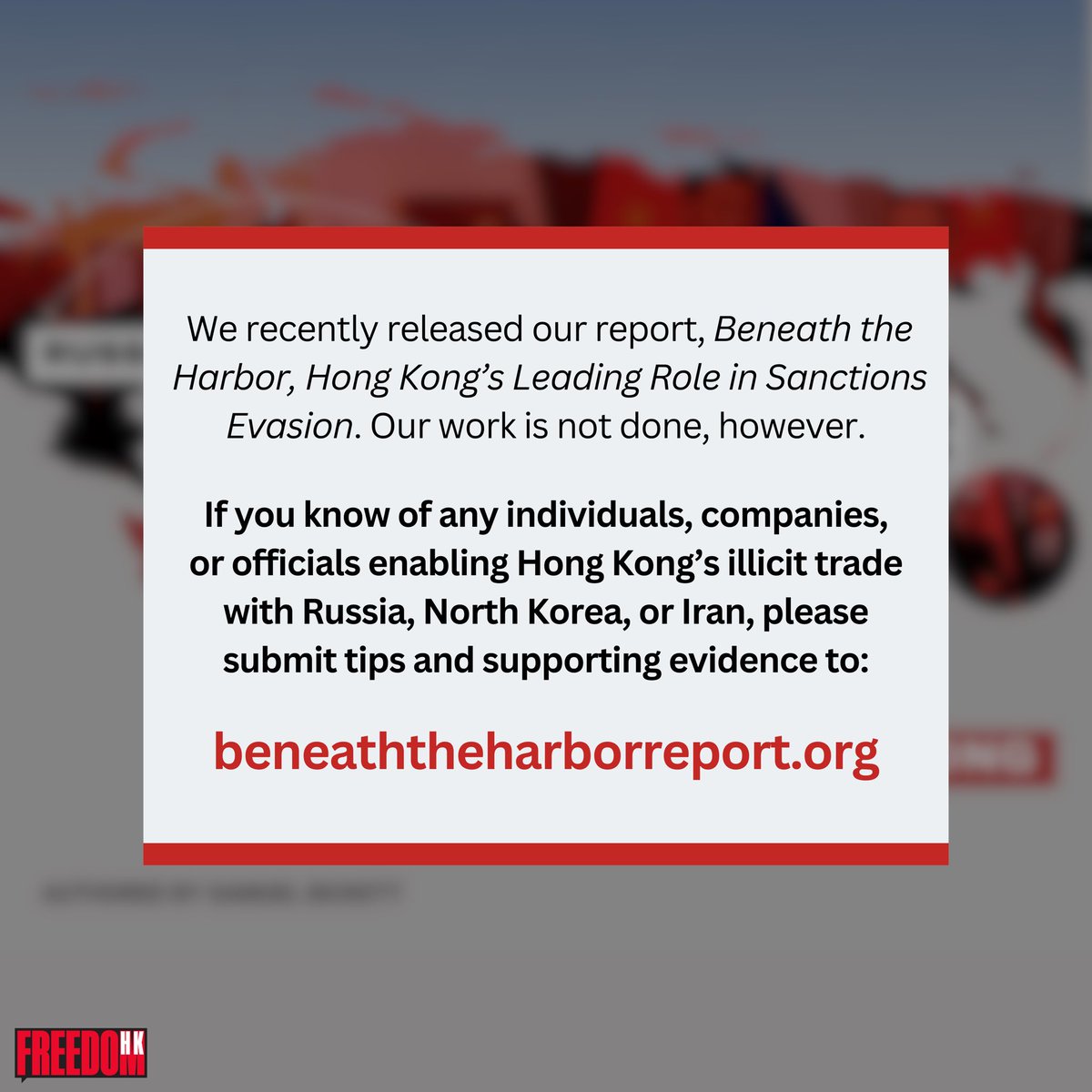 thecfhk's tweet image. On July 22, we released our report, Beneath the Harbor, Hong Kong’s Leading Role in Sanctions Evasion. However, our work is not done. 

🚨If you know of any individuals, companies, or officials enabling #HongKong’s illicit trade with #Russia, #NorthKorea, or #Iran, please submit…