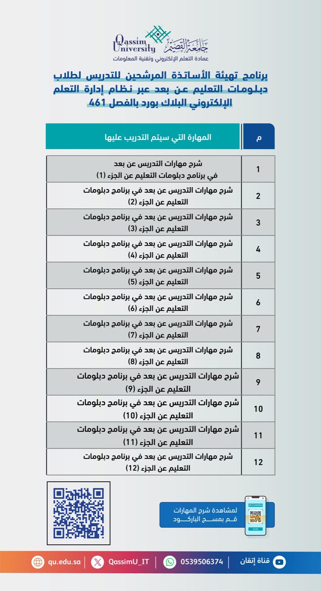 تعلن عمادة التعلم الإلكتروني وتقنية المعلومات #جامعة_القصيم عن برنامج تهيئة أعضاء هيئة التدريس 
 لطلبة دبلومات التعليم عن بعد عبر نظام إدارة التعلم الإلكتروني (Blackboard ) بالفصل 461.