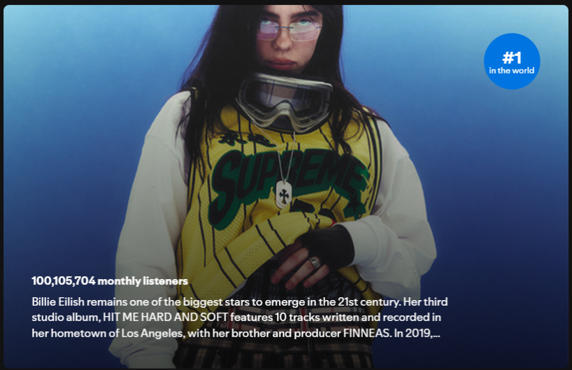 BillieSpotify_'s tweet photo. BILLIE EILISH THE #1 ARTIST IN THE WORLD!!! 😭 https://t.co/fZGAMpAFDz