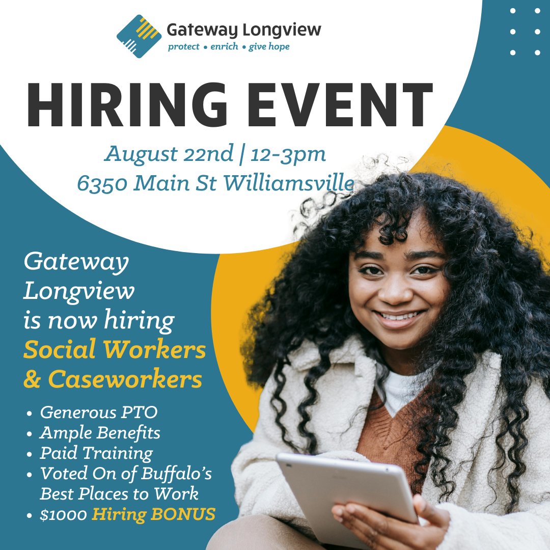 🌟 Make your mark with Gateway Longview! If you're a Social Worker or Caseworker, we want to meet you! We're hosting a Hiring Event on August 22nd, 12-3pm, at 6350 Main St. Learn more &amp; apply at gateway-longview.org.

 #Careers #Jobs #Buffalo