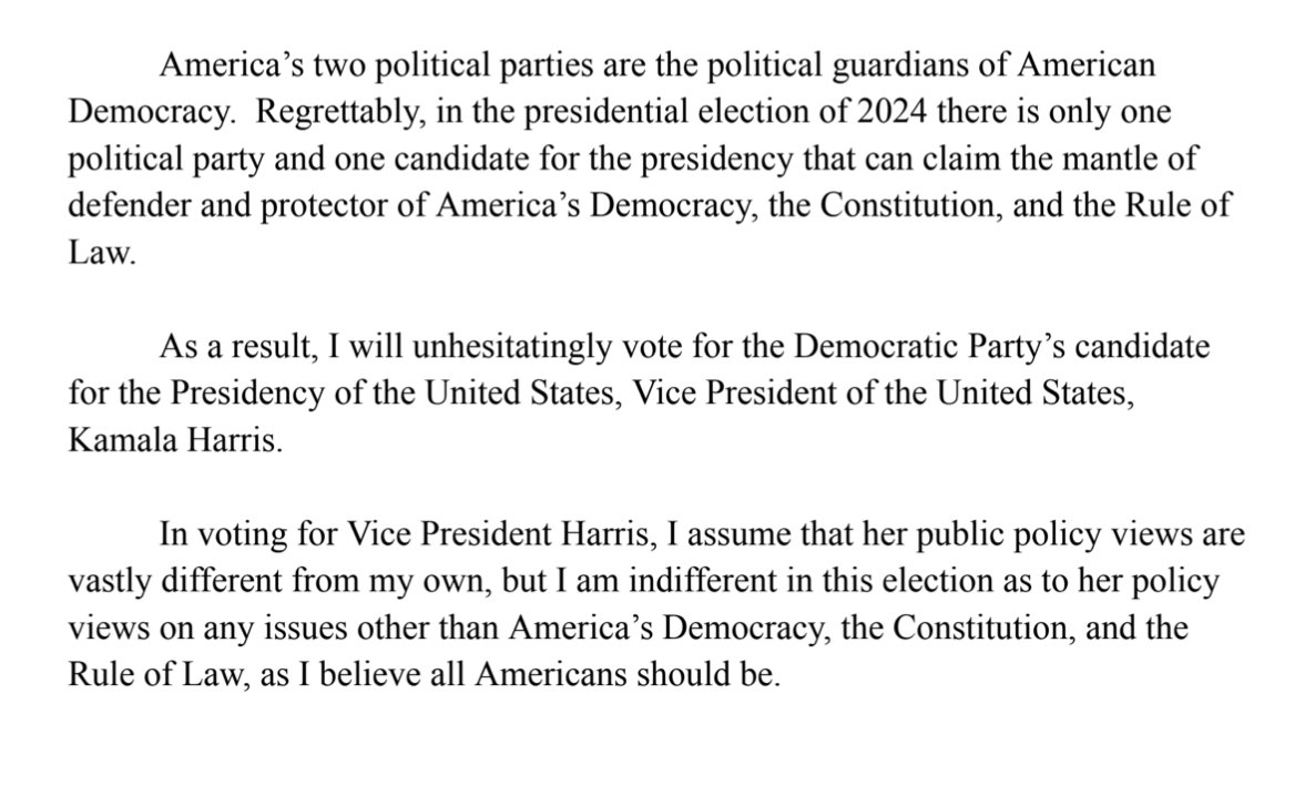 BREAKING: Conservative Judge J. Michael Luttig just officially endorsed Kamala Harris. It will be the first time Judge Luttig, a veteran of two Republican administrations, has ever voted for a Democrat.

Read this excerpt from his powerful statement on his endorsement:
