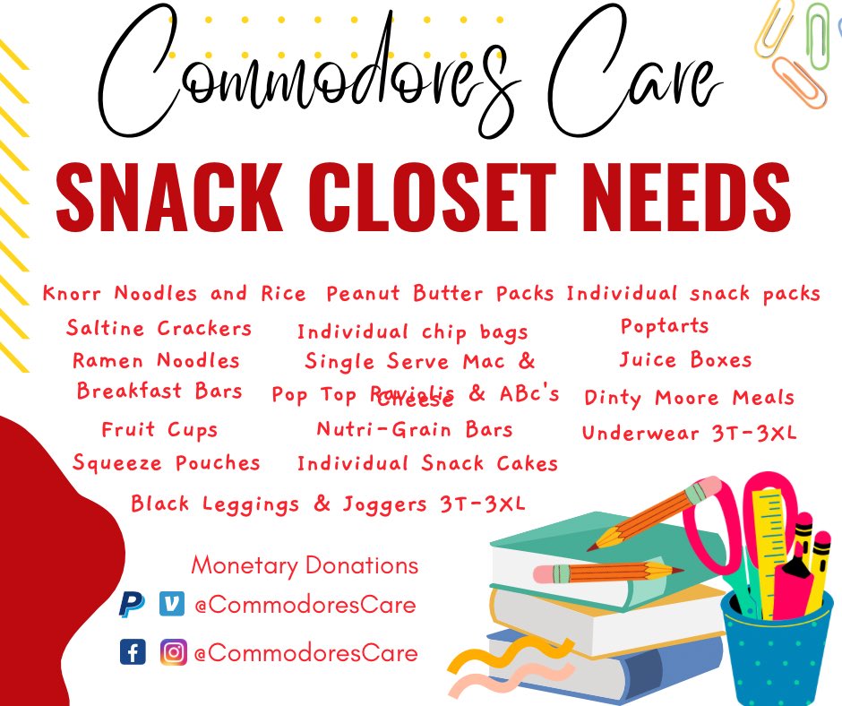 📚Join our SRO’s and Commodores Care at Walmart this Wednesday from 5pm to 7:30pm to pack the patrol cars. 🚔 Below are the needed items.👇