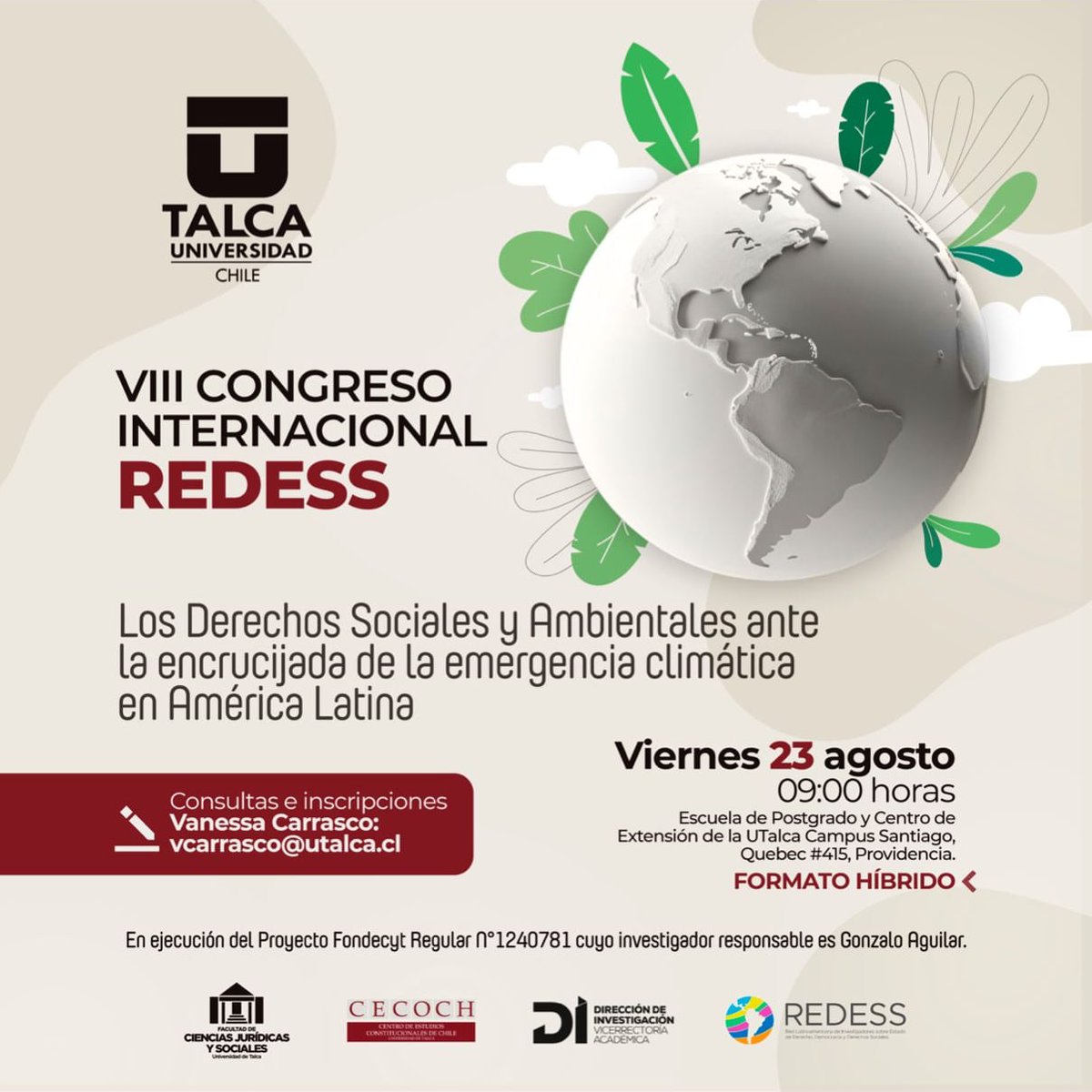 CecochUtalca's tweet photo. 📌 El viernes 23 de agosto a las 9:00 horas ven al VIII Congreso Internacional REDESS sobre Los Derechos Sociales y Ambientales ante la encrucijada de la emergencia climática en América Latina. 

📍Se llevará a cabo en el Campus Santiago, ubicado en Québec 415, Providencia https://t.co/et8I34Gfr5