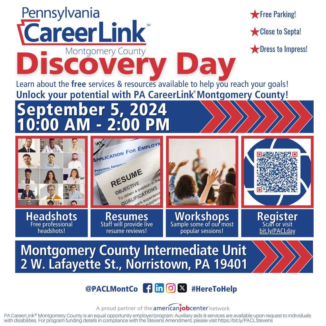 Check out this week's issue of MontcoLinks for details about some of our partners that will be showcasing their services on Discovery Day! And for hot jobs, upcoming hiring events, new workshops, and so much more --> conta.cc/4cvi9hp

#MontcoForward #HereToHelp #OneStop