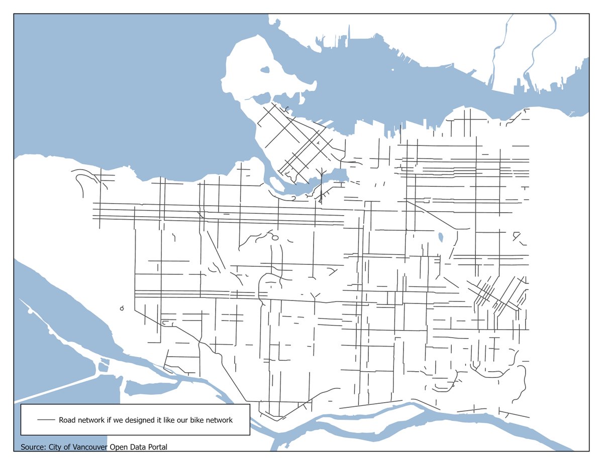 internet_paolo's tweet photo. here's what our road network would look like if we designed it like our bike network. Try drawing routes from one point to another, and then try to recite the labyrinthine directions from memory. Now you understand why actually doing things on a bike in this city is so annoying. https://t.co/dodCu2xtj6
