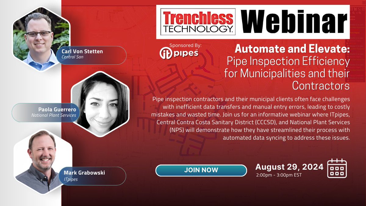 ITpipes's tweet image. Learn how to move data more efficiently between contractors and municipalities.  Join Trenchless Technology webinar on Aug 29

Sign up today at:  hubs.li/Q02LMkQN0’

#pipeinspection #trenchlesstechnology #webinar #nationalplant #contractor #municipality