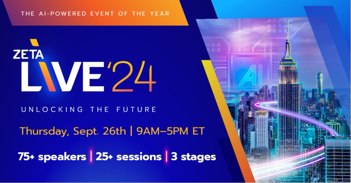 🌟 Join us at #ZetaLive2024 and be part of the future of martech! 👀 Envision a smarter tomorrow, explore groundbreaking product innovations, and discover how AI is transforming business and the world. Secure your spot today! ter.li/fc004u bit.ly/3XdrNkA