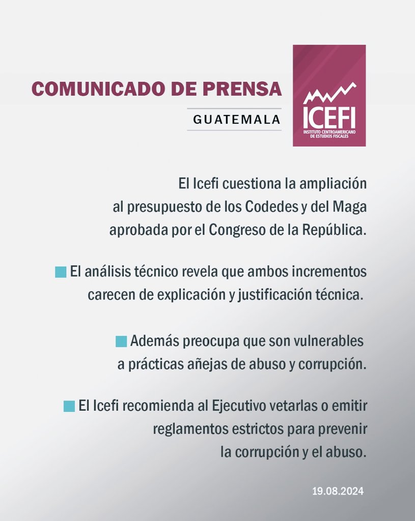 CanalAntigua's tweet photo. A través de un comunicado, el Instituto Centroamericano de Estudios Fiscales señaló haber analizado técnicamente la ampliación presupuestaria aprobada mediante el Decreto del Congreso de la República Número 16-2024, indicando que detectó errores de forma y fondo.⬇️

#ICEFI #AmpliaciónPresupuestaria #Comunicado