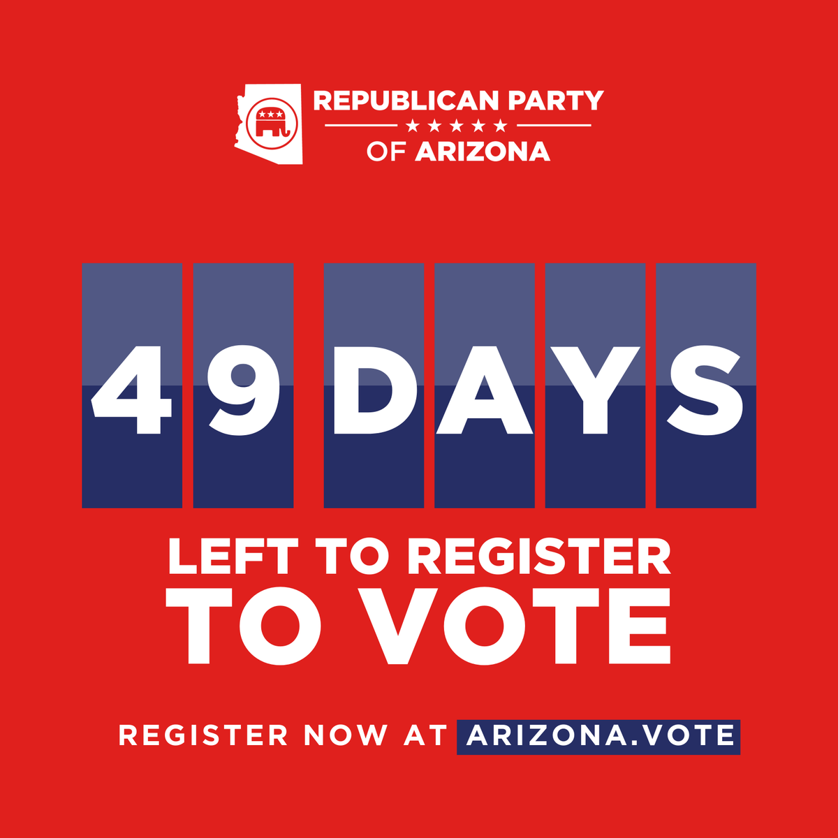 AZGOP's tweet image. 🚨 49 days left to make sure your vote counts! 🚨

The time is NOW — don’t miss your chance to #KeepArizonaRed. Register, update, and verify at ARIZONA.VOTE today! 🗳️ 

Let’s do this, Arizona! 🔥