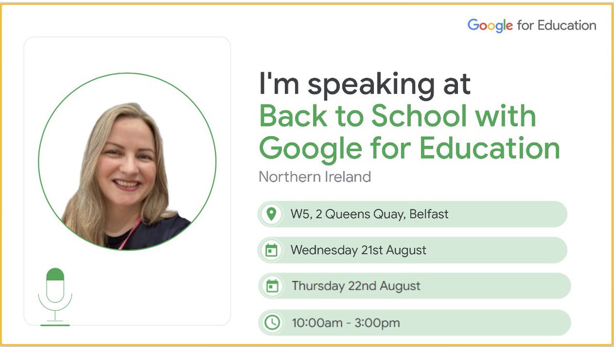 It’s Google Edu week in N.Ireland! 

Looking forward to delivering two sessions
🔵🟡 Accessibility for All
🔴🟢 School Improvement: Digital Strategy 

I will also be at the GEG NI booth. Come say “hello” 👋