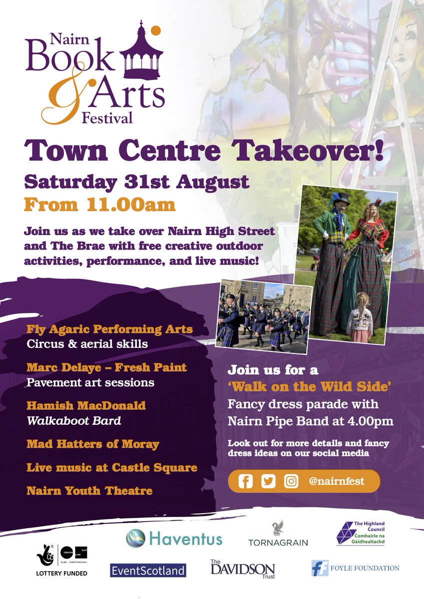 📣TOWN CENTRE TAKEOVER📣

Join us on Saturday 31 August from 11am as we take over Nairn High Street &amp; The Brae with creative outdoor activities, performances, &amp; live music!

All activities are FREE &amp; there's no need to book.

@ChanterRanter <a href="/visitnairn/">VisitNairn</a> <a href="/EventScotNews/">EventScotland News</a>  <a href="/NairnCC/">NairnCommArtsCentre</a>