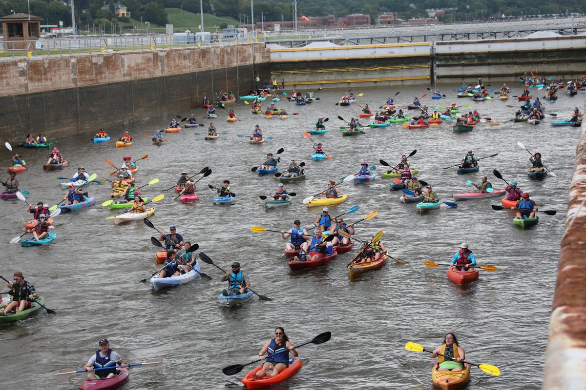 USACERockIsland's tweet photo. On Saturday, Locks & Dam 15 in Rock Island, Illinois, once again welcomed hundreds of paddlers as part of the incredibly unique #Floatzilla event held annually in the #QuadCities. https://t.co/0rl6jKX7CN