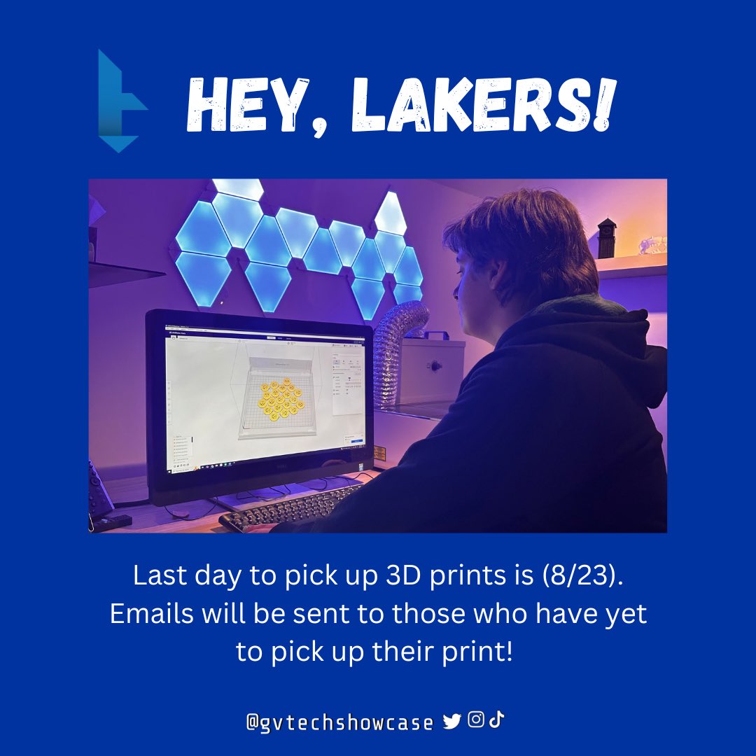 Don’t forget to pick up your 3D print! After (8/23) we will be clearing out our cabinet for fall semester. 🍂 Can’t wait to see you all back on campus!

Hours this week!
Monday - Friday: 10am - 5pm