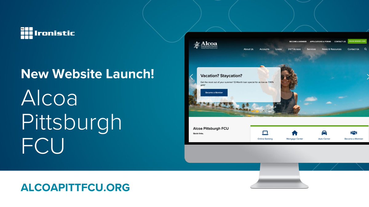 IronisticWeb's tweet image. We&apos;re excited to announce the launch of the newly redesigned Alcoa-Pittsburgh FCU website, created with IronCurrent. If your site needs a fresh look, we can help!

Check it out: alcoapittfcu.org

#WedDesign #WebDevelopment #CreditUnion
