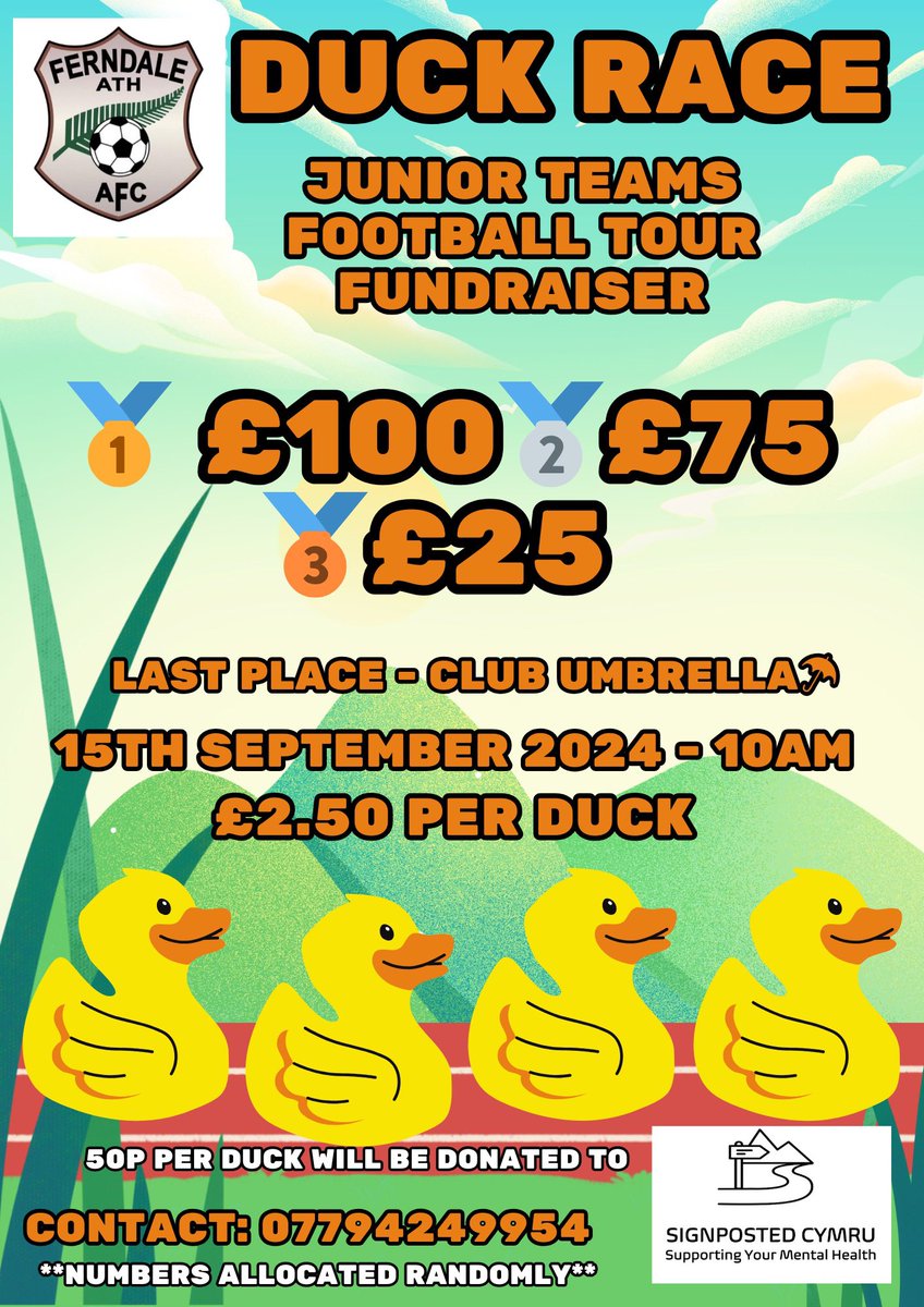 Be in it to win it 

🐥 £2.50 each 
💷 £100 for first prize 

50p for each duck sold will be given to <a href="/SignpostedC/">Signposted Cymru</a> to support thier brilliant work as a charity who support people with Mental Health. 

@SteveSpeirs4 <a href="/davidgooch280/">David Gooch</a> <a href="/DarrenT87369147/">Darren Thomas</a>