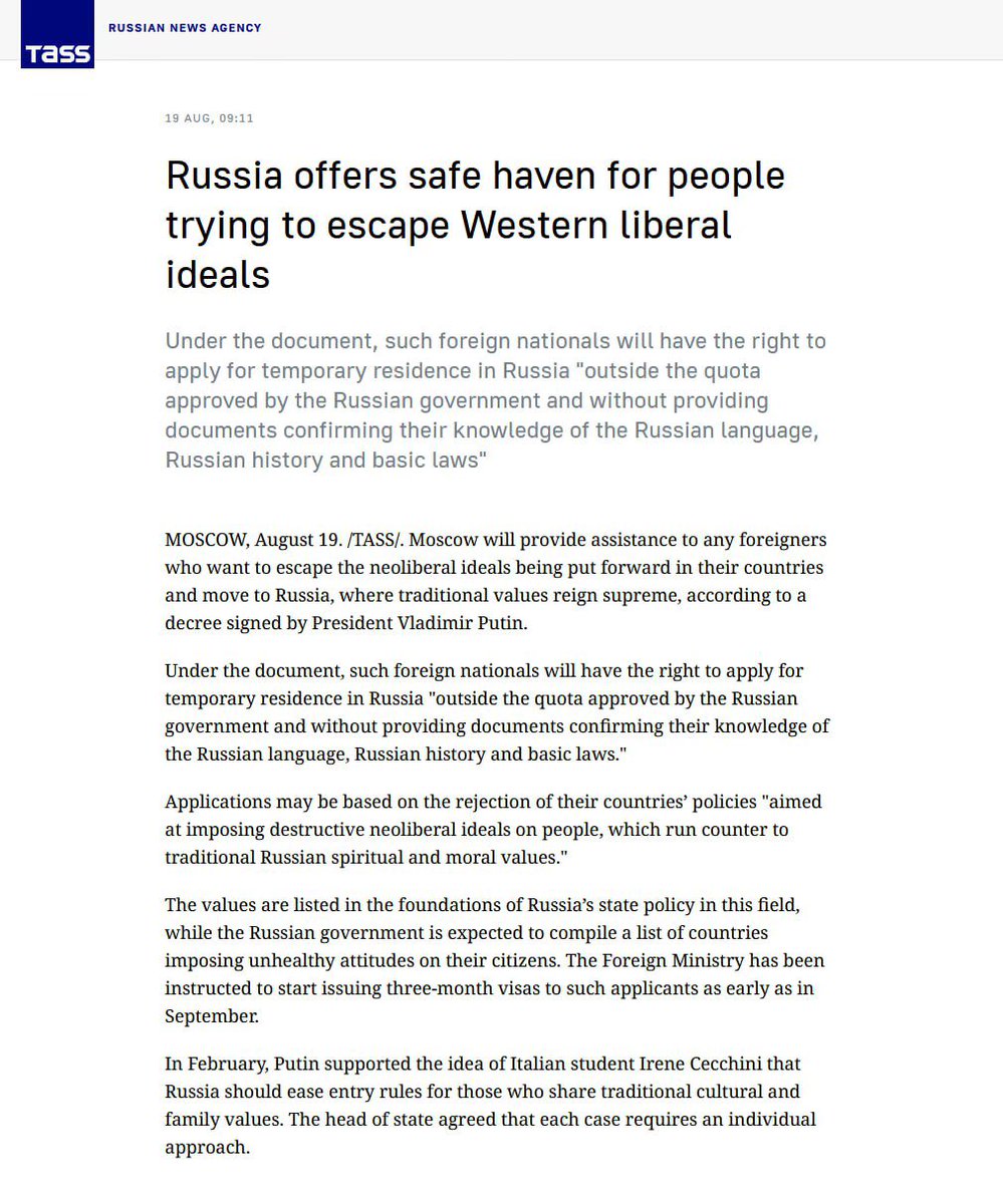 davidkurten's tweet photo. Russia offers safe haven to Westerners with traditional family values to escape degeneracy. https://t.co/xN0QlKq8KS