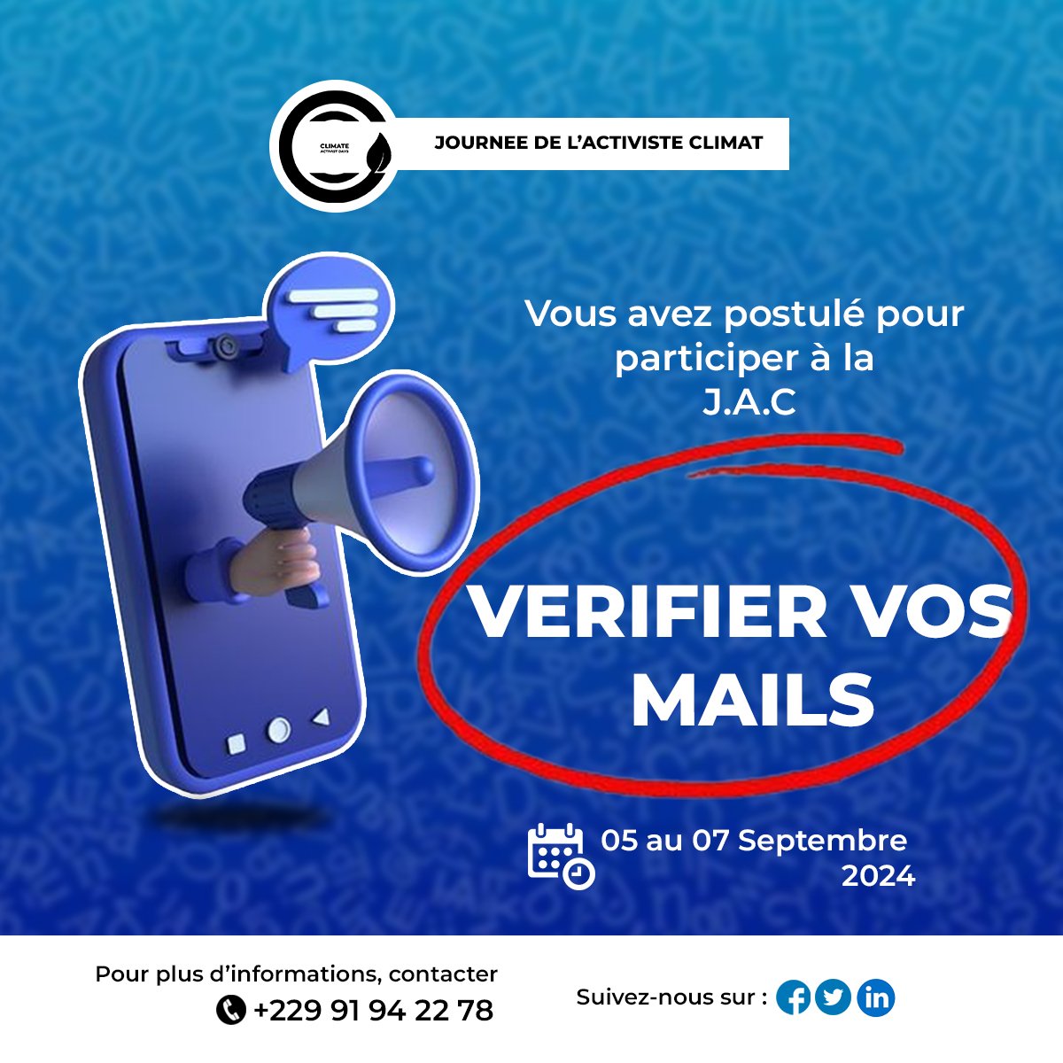Cocococo 🐓🐓🐓

Avez-vous candidaté pour participer à la Journée de l'Activiste Climat ?

Si Oui, Vérifier vos mails, les résultats sont tombés💌 

Nb: Seules les personnes sélectionnées verront ce mail.