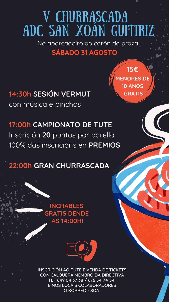 ADCSanXoanGuiti's tweet photo. Un ano máis, aquí vos traemos a V CHURRASCADA❕🥳

Unha xornada de festa con vermut, inchables para os máis peques, campionato de tute, churrasco, e verbena💃

Podedes anotarvos ao tute e adquirir os vosos tickets tal e como se indica no cartaz 📝

Agardámosvos a todxs! https://t.co/oYmKYh13kG
