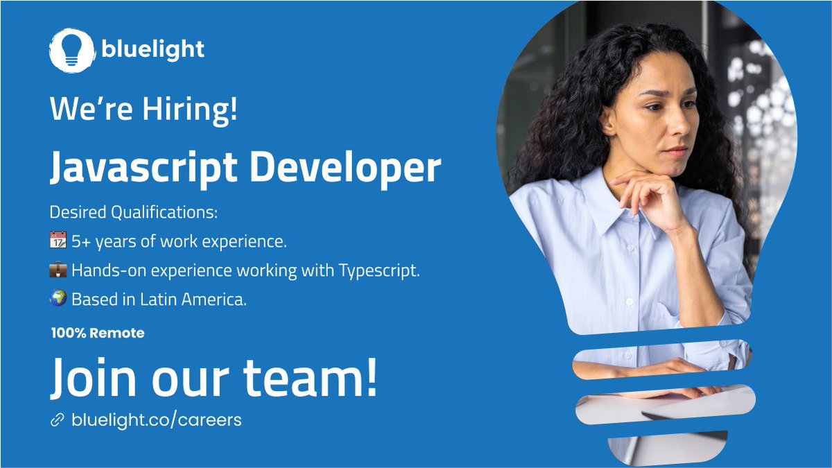 bluelightco's tweet image. New Week, New #JobOpportunity Alert!
Role: Senior #JavascriptDevelopers
Location: LATAM, Remote 🌎
Skills: Typescript, NodeJS