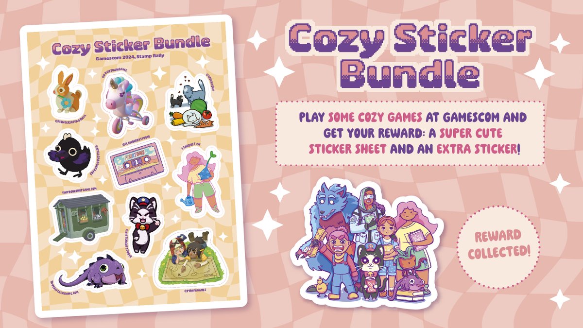 If you're going to #Gamescom this week we've got a great stamp rally going on with some other cozy games in the <a href="/IndieArenaBooth/">Indie Arena Booth</a>! 📌 

✔️play 5 games out of 10 and ✨ get a sticker sheet! ✨
➕ play 6 + games &amp; get an ✨additional sticker! ✨

Come visit at Hall 10.2 F010G-E019!