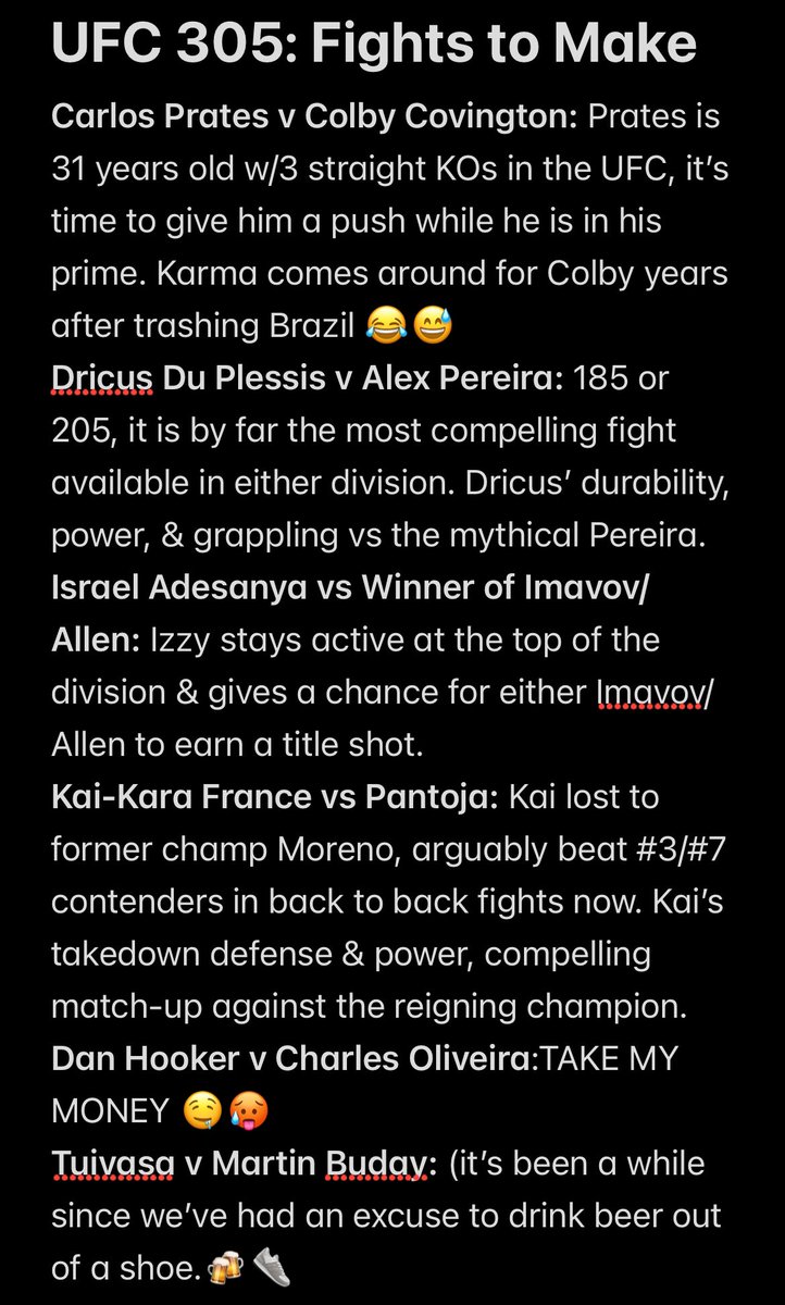 ArkansasMMABets's tweet photo. UFC 305: Fights to Make
#ufc #UFC305 #ufcmatchmaking https://t.co/4kXezwhtu1