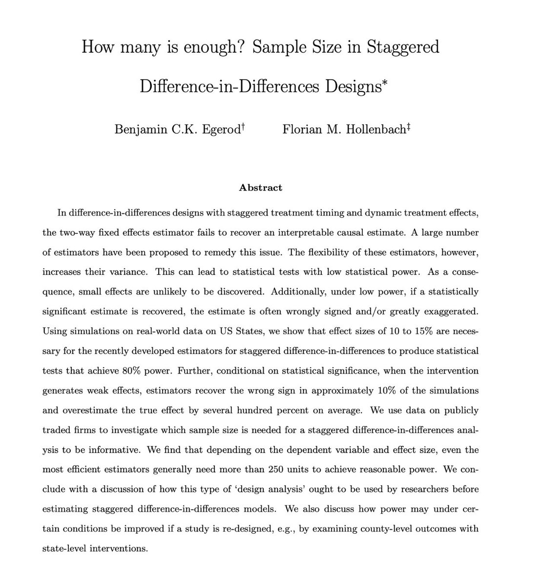 Great new preprint from <a href="/BCEgerod/">Benjamin Egerod</a> and <a href="/fhollenbach/">Florian Hollenbach 🤷🏻‍♂️</a>. 

Nice contribution to the popular staggered DiD literature--focusing (appropriately, in my view) on the cost of increased variance.

Preprint: osf.io/preprints/osf/…
