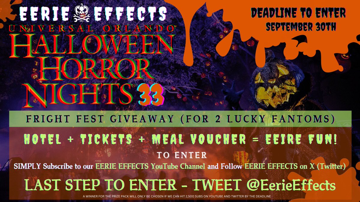 OfficialWickedW's tweet photo. Don't miss out on our #HalloweenHorrorNights #frightfest" giveaway, which includes tickets, hotel stay, and meal vouchers for 2 lucky #Fantoms for this year's #HHN33 event in Orlando, FL.
Deadline to enter is September 30th. Terms and Conditions Apply.
Happy Haunting! https://t.co/XX5J4qkI9O