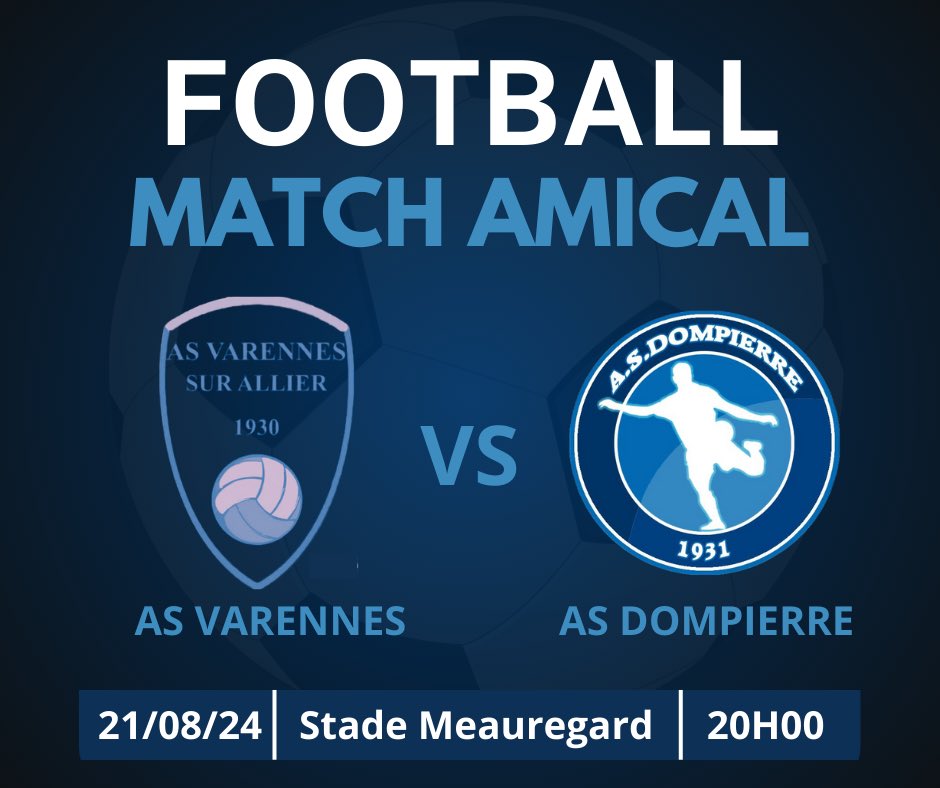 🔵⚪️ Troisième match amical pour l’ASD ! ⚪️🔵

Dans le cadre de leur préparation pour la saison en R3, nos joueurs se déplacent ce mercredi à Varennes-sur-Allier pour un nouveau défi.

📅 Date : Mercredi  
🕗 Heure: 20h  
📍 Lieu: Varennes-sur-Allier
