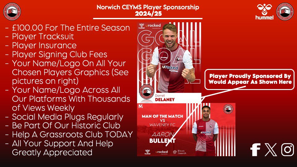 *Player Sponsorships Now Available*
If any persons/companies would be so kind to help out our players and club we would be so appreciative!
All benefits listed below for just a one off fee of
£100.00
#COYCEYMS 🔥⚪️🔴⚪️🔴