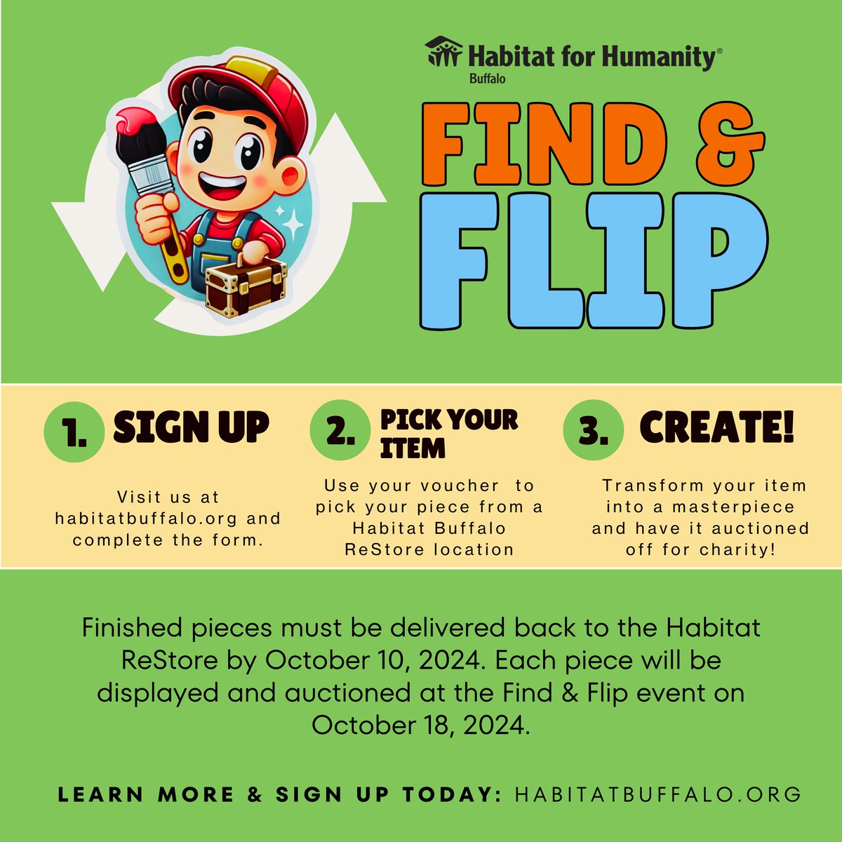 BuffaloReStore's tweet photo. 🎨 Artists &amp; creatives—join Habitat Buffalo’s Find &amp; Flip Event! 🎨 Transform ReStore items into art &amp; help raise funds to build homes for families in need. 

Sign up at https://t.co/m0FsfYc4pS, get creative, and make a real impact. 

Submission deadline: Oct 10. https://t.co/uzZ7mM7GLc