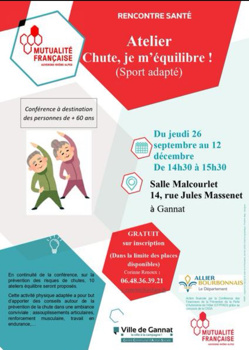 fetienne5103's tweet image. [#Prevention] - Reprise des ateliers équilibres et sophrologie les 5 et 26 septembre au #CCAS de #Gannat 
🙏 à nos partenaires @mutualite_fr et #CFPPA03 ⬇️

#RentreeZen #RentreeEquilibre