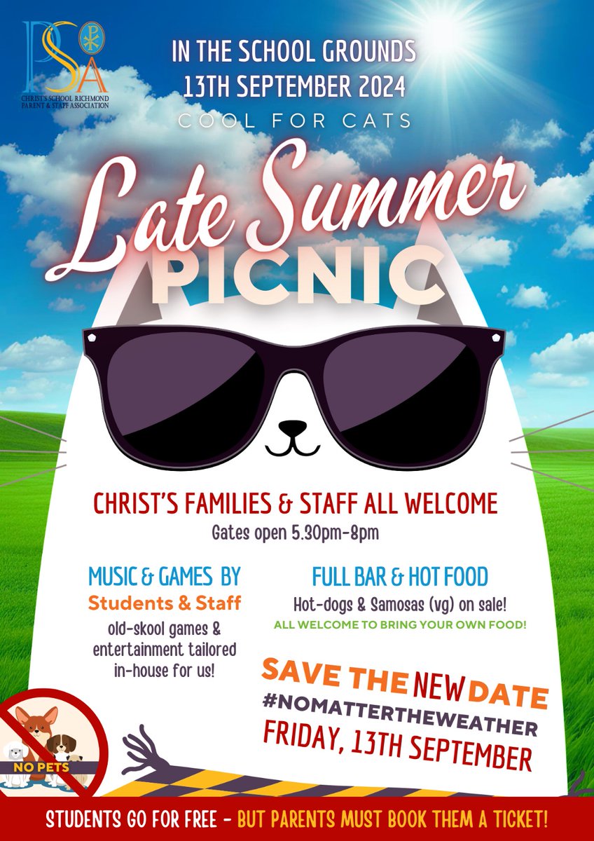 Adult tickets/free student registration for our Late Summer Picnic, Friday, 13th September, are available from Thurs 22nd August pta-events.co.uk/christsschoolp…… Have a wonderful summer and look forward to seeing you then!